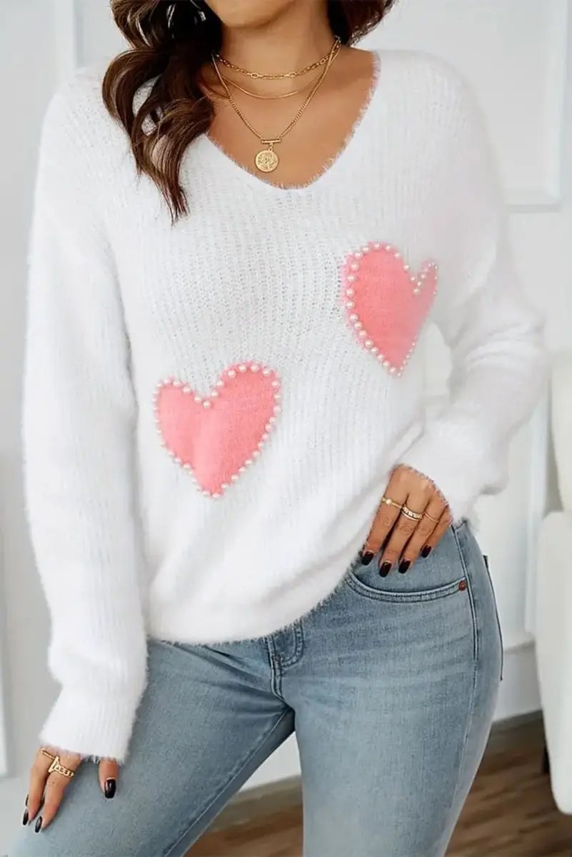 White Pearl Beaded Heart Pattern Fuzzy V Neck Sweater - Love Salve